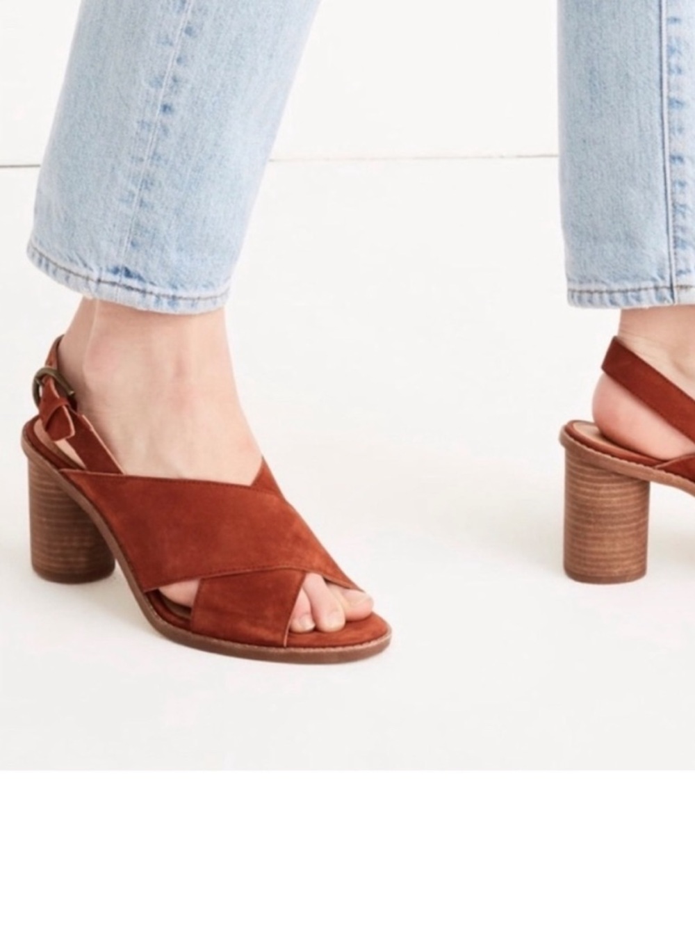 Madewell Crisscross Suede Slingback Heels in Rust Brown